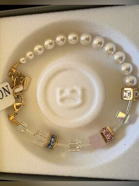 Gold-Tone Pearl Bracelet with Pink and Clear Crystal Accents